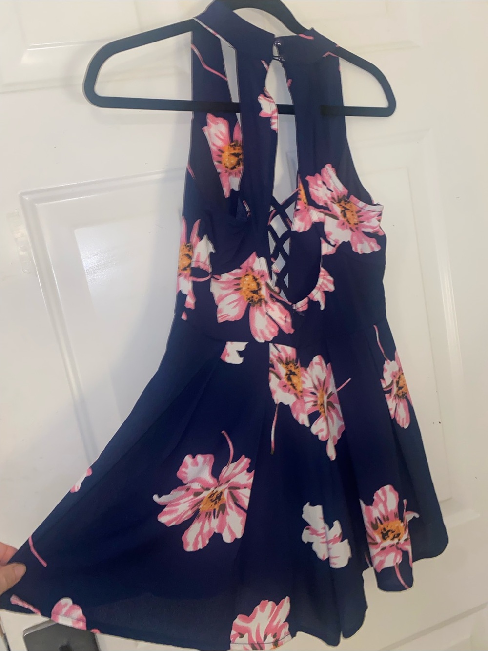 Navy Floral Halter romper with Pink Blooms